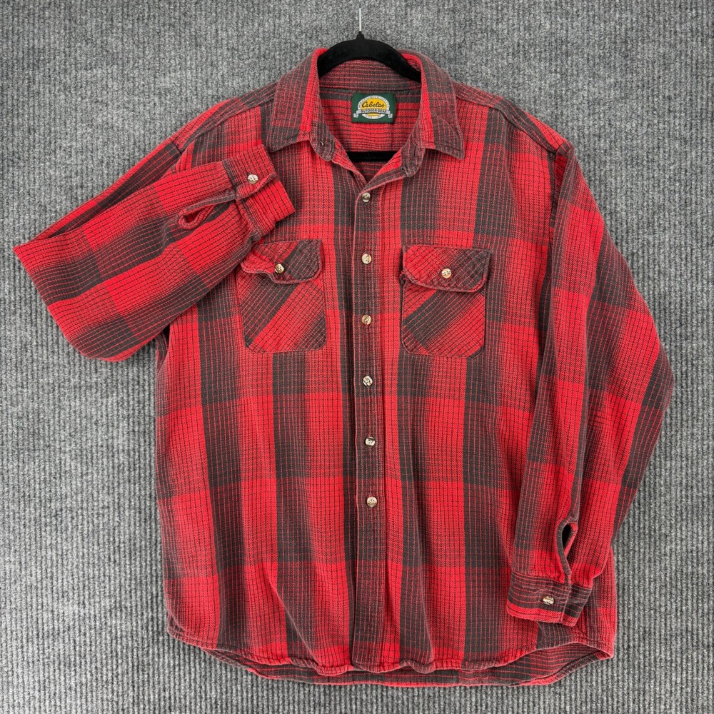Vintage Cabelas Outdoor Gear Mens Red Black Plaid Flannel Button Down Shirt XL